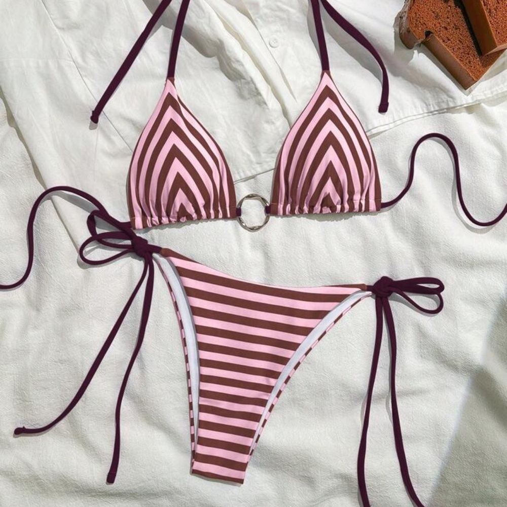 Women’s Pink & Brown Striped Tie Bikini Set